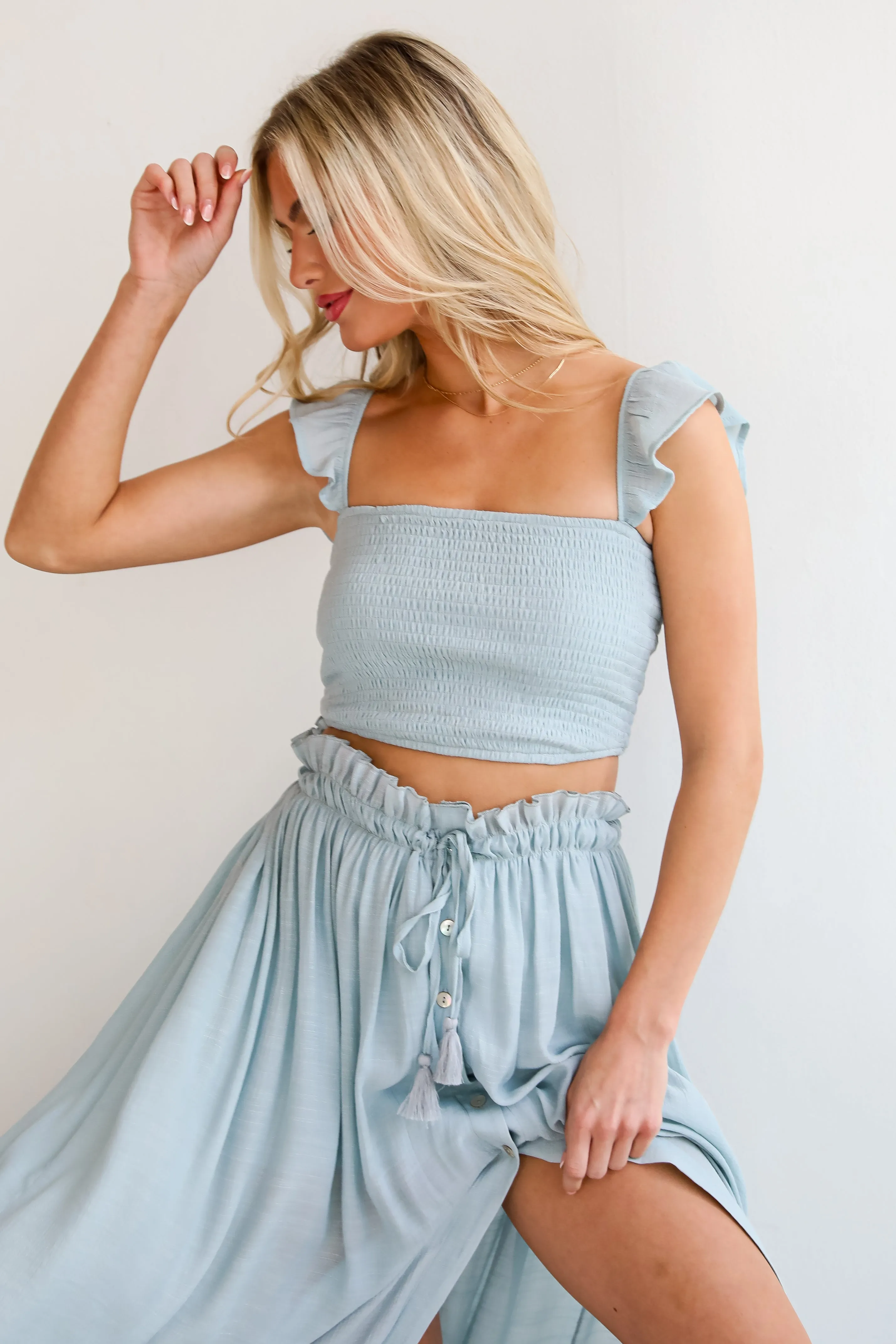 FINAL SALE - Sunny Impression Blue Smocked Cropped Tank - DU DEAL