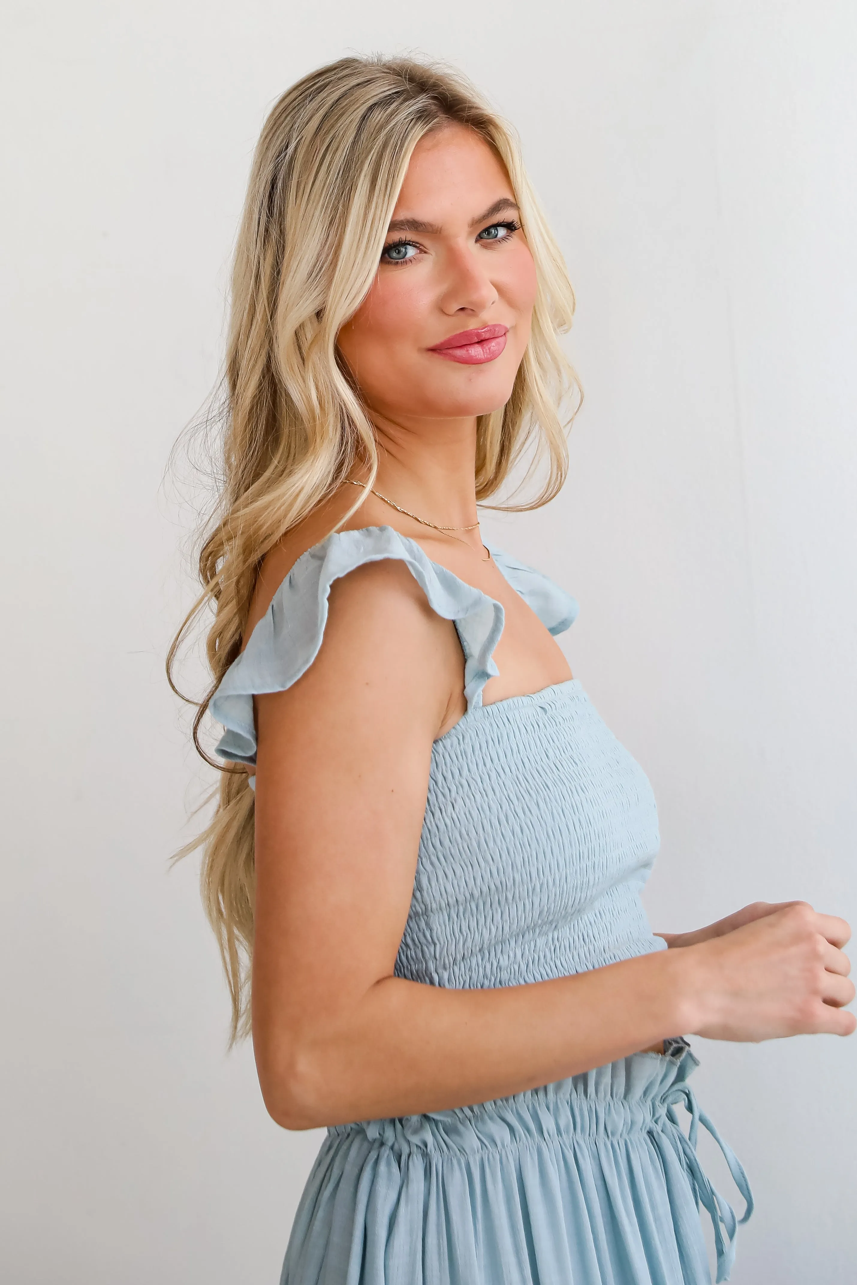 FINAL SALE - Sunny Impression Blue Smocked Cropped Tank - DU DEAL