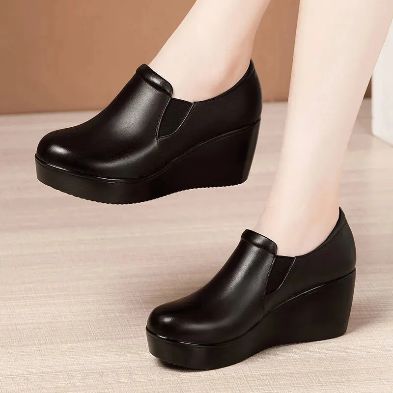 Hnzxzm 6cm Small Size 32-43 Comfortable Med Heels Platform Wedges Shoes 2024 Spring Deep Mouth Soft Leather Loafers Slip on Mom Shoes