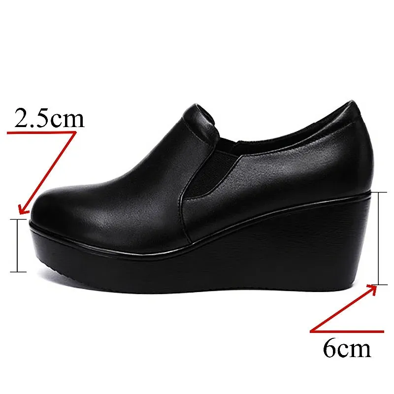 Hnzxzm 6cm Small Size 32-43 Comfortable Med Heels Platform Wedges Shoes 2024 Spring Deep Mouth Soft Leather Loafers Slip on Mom Shoes