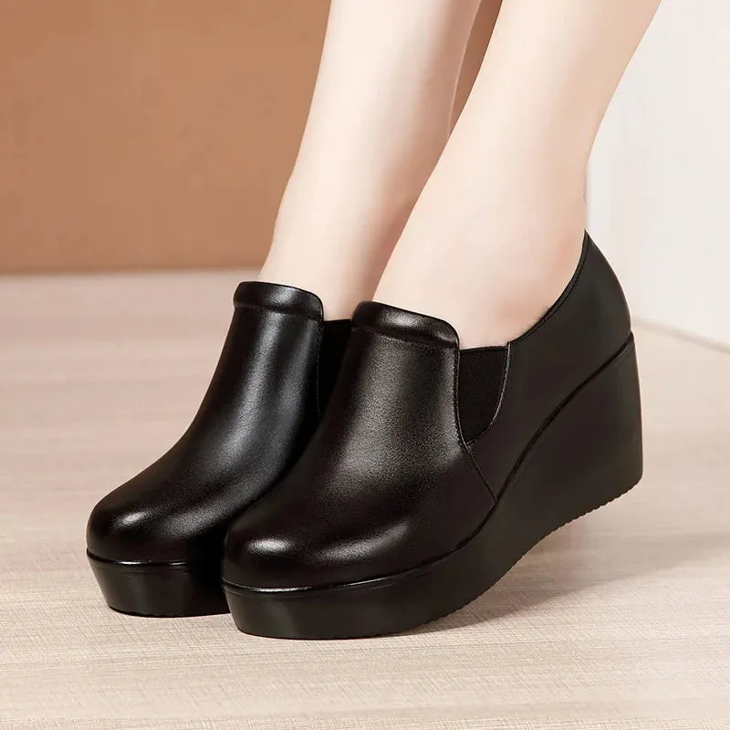 Hnzxzm 6cm Small Size 32-43 Comfortable Med Heels Platform Wedges Shoes 2024 Spring Deep Mouth Soft Leather Loafers Slip on Mom Shoes