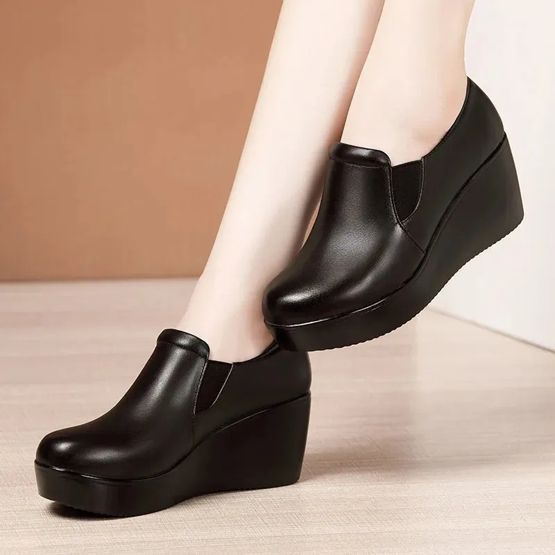 Hnzxzm 6cm Small Size 32-43 Comfortable Med Heels Platform Wedges Shoes 2024 Spring Deep Mouth Soft Leather Loafers Slip on Mom Shoes