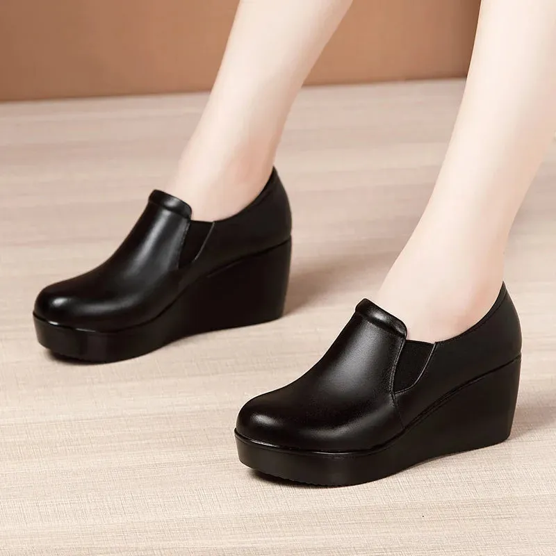 Hnzxzm 6cm Small Size 32-43 Comfortable Med Heels Platform Wedges Shoes 2024 Spring Deep Mouth Soft Leather Loafers Slip on Mom Shoes