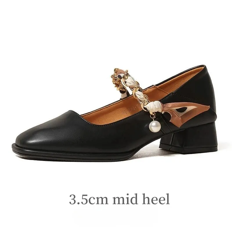 Hnzxzm Fashion Genuine Leather Mary Jane Women's Chunky Heel New Chain Pearl Ribbon Style Lady Elegant Shoes