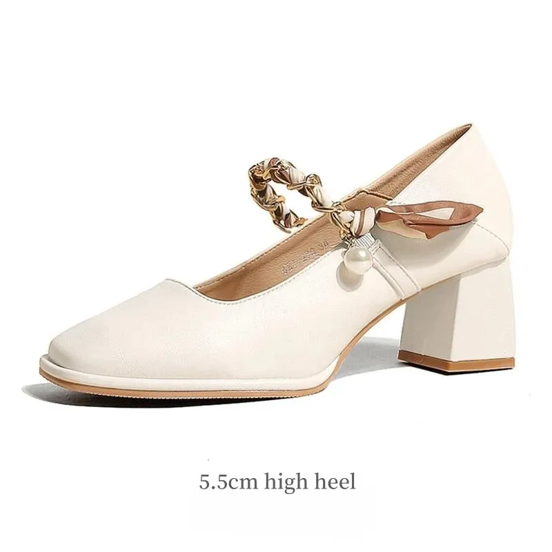 Hnzxzm Fashion Genuine Leather Mary Jane Women's Chunky Heel New Chain Pearl Ribbon Style Lady Elegant Shoes