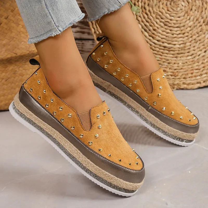 Hnzxzm Vintage Rivet Platform Sneakers for Women Autumn Thick Bottom Loafers Shoes Female Slip-On Faux Suede Espadrilles Shoes Woman