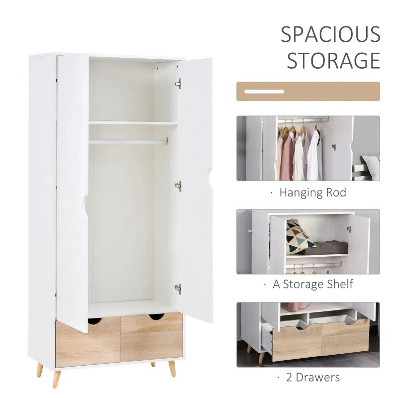 HOMCOM 2-Door Clothes Wardrobe w/ Rail Shelf 2 Drawers  White