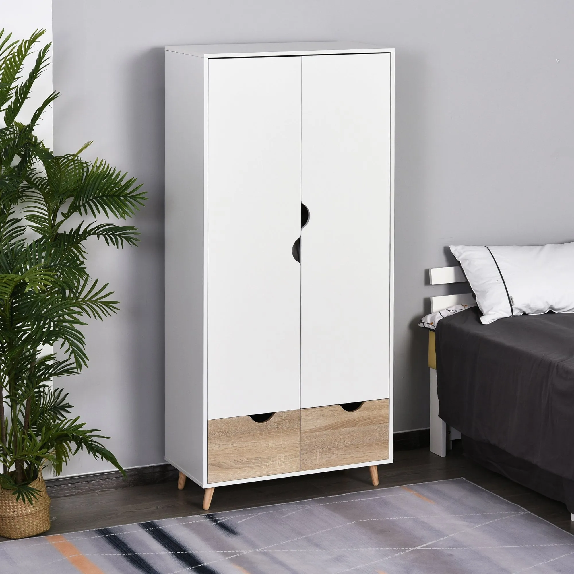 HOMCOM 2-Door Clothes Wardrobe w/ Rail Shelf 2 Drawers  White