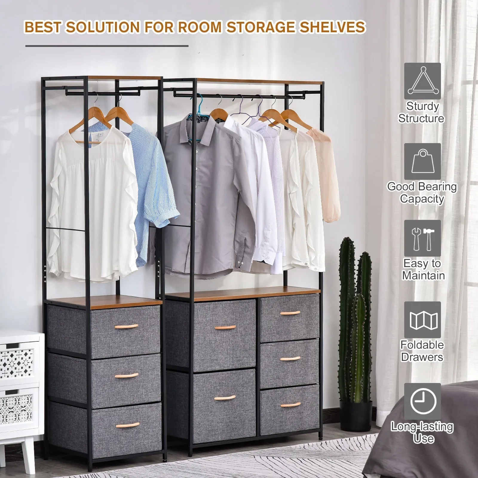 Homcom Chest of Drawers with Coat rack Steel Frame 5 Drawers Bedroom Hallway Home Furniture Black Brown