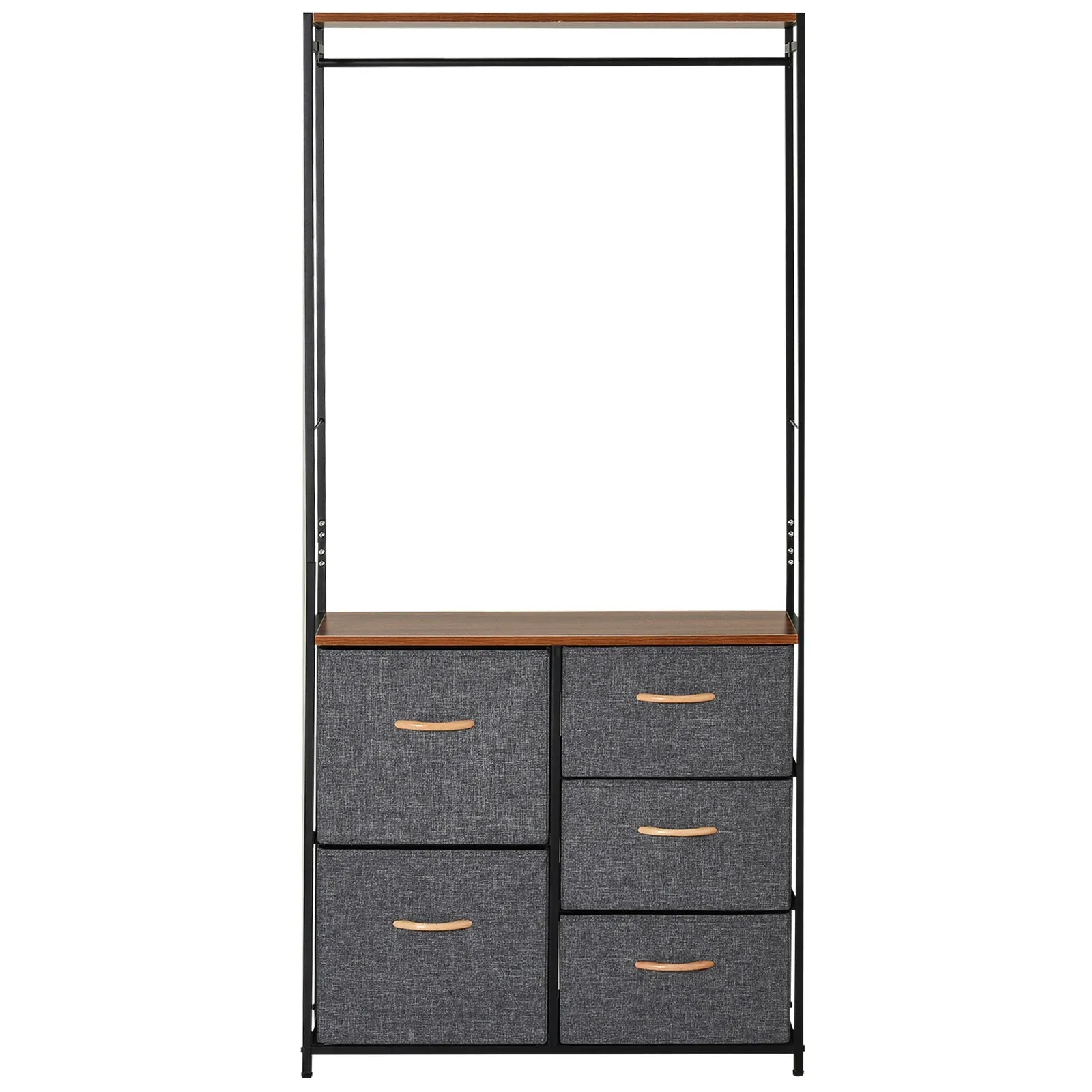 Homcom Chest of Drawers with Coat rack Steel Frame 5 Drawers Bedroom Hallway Home Furniture Black Brown