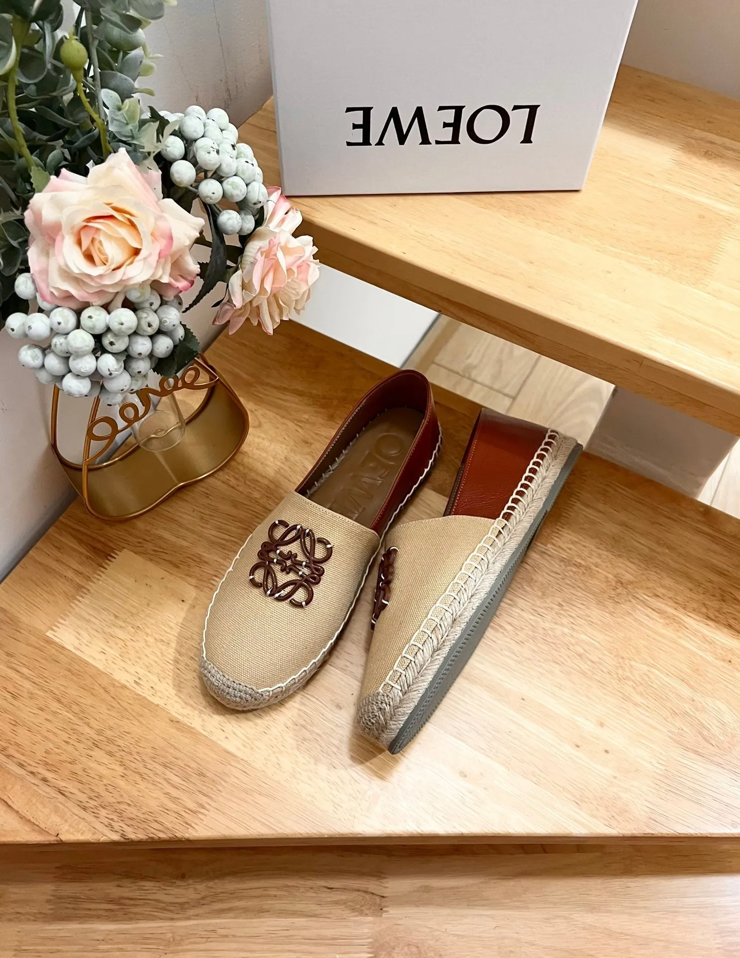 Loew Anagram Espadrille Beige Brown Leather and Canvas