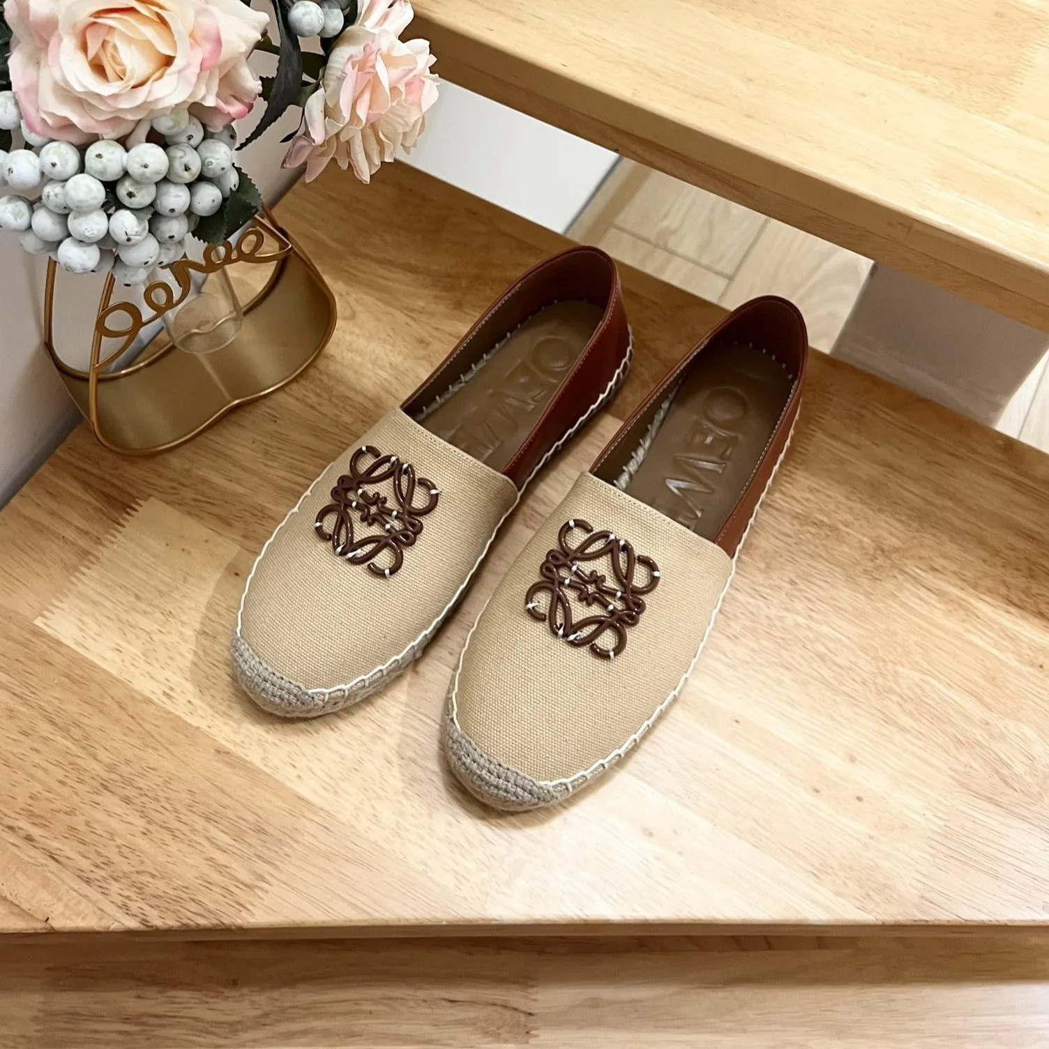 Loew Anagram Espadrille Beige Brown Leather and Canvas