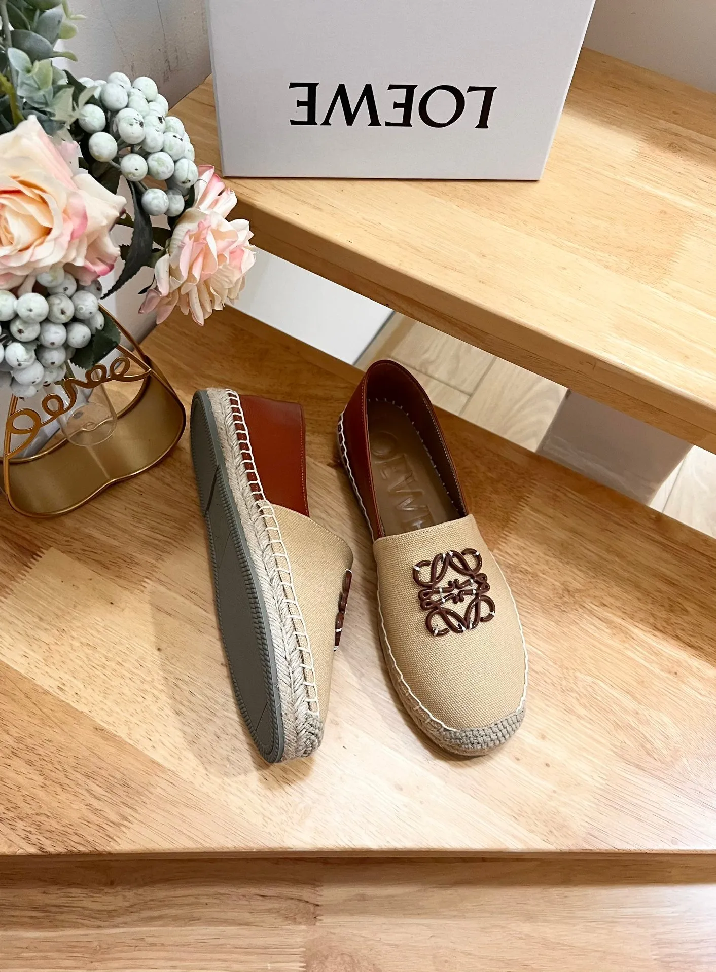 Loew Anagram Espadrille Beige Brown Leather and Canvas