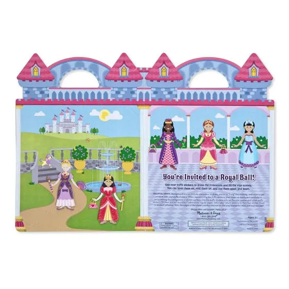 MELISSA & DOUG Puff Princess Sticker: Layer them onto the double-sided background board to fill four royal settings with glamorous princesses, outfitted in mix-and-match ball gowns, jewelry, scepters, shoes, and crowns - 9100