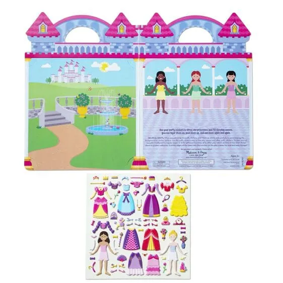 MELISSA & DOUG Puff Princess Sticker: Layer them onto the double-sided background board to fill four royal settings with glamorous princesses, outfitted in mix-and-match ball gowns, jewelry, scepters, shoes, and crowns - 9100