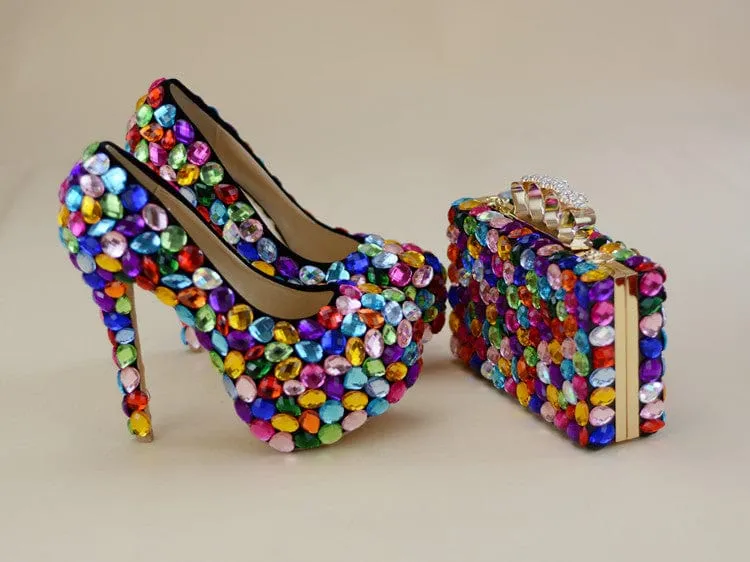 Multicolored Luxury Rhinestone Encrusted Shoes And Purse Set