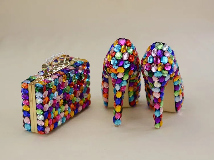 Multicolored Luxury Rhinestone Encrusted Shoes And Purse Set