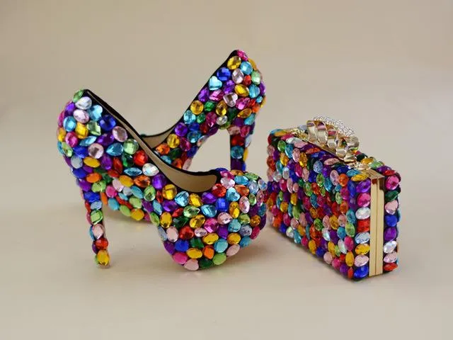 Multicolored Luxury Rhinestone Encrusted Shoes And Purse Set