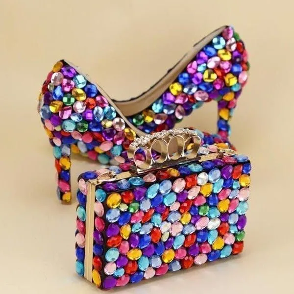 Multicolored Luxury Rhinestone Encrusted Shoes And Purse Set