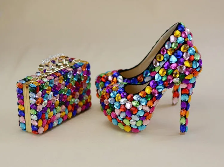 Multicolored Luxury Rhinestone Encrusted Shoes And Purse Set