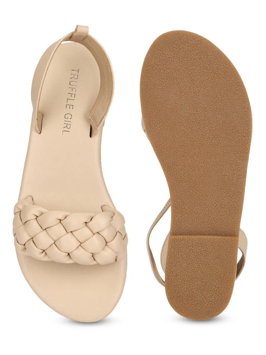 Nude PU Lace up Flat Sandals