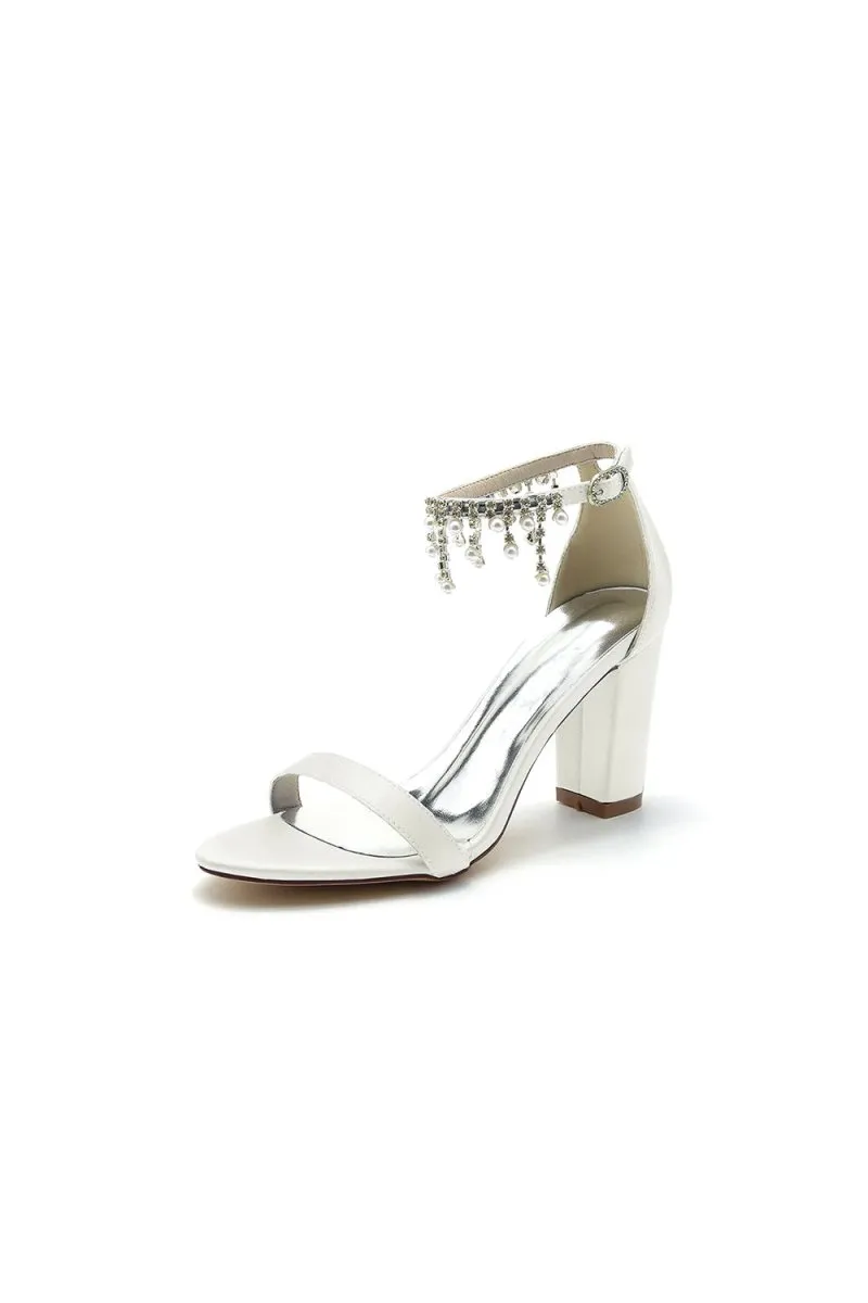 Open Toe Block Heels with Rhinestone Tassel