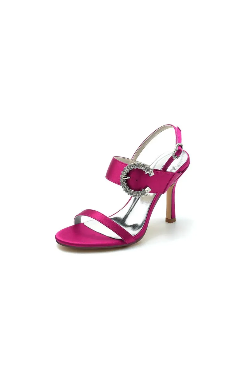 Open Toe Satin Heels with Crystal Buckle