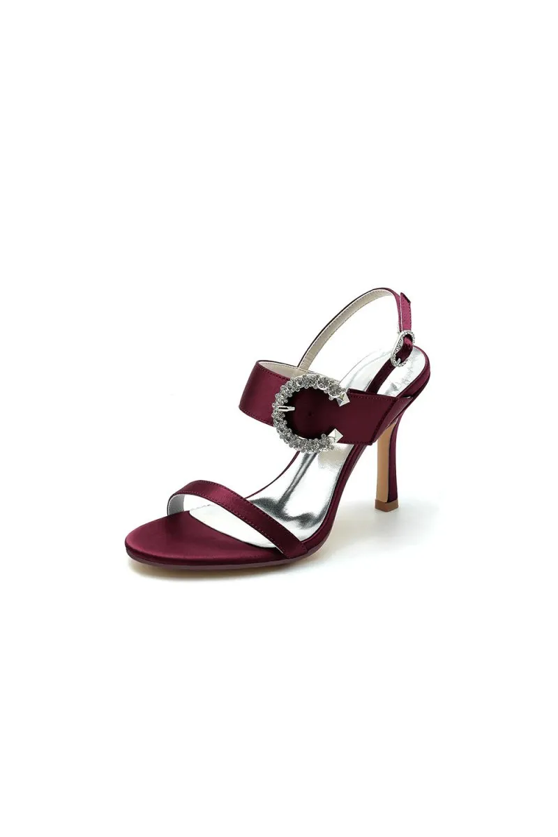 Open Toe Satin Heels with Crystal Buckle