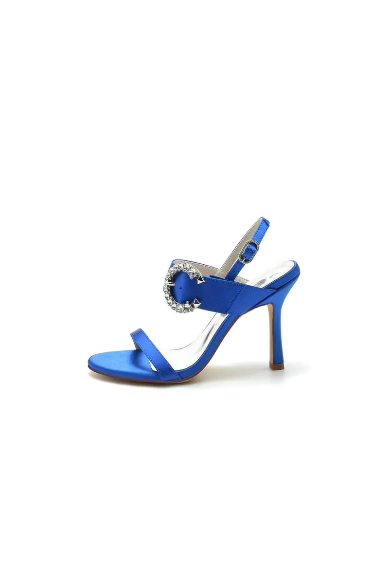 Open Toe Satin Heels with Crystal Buckle