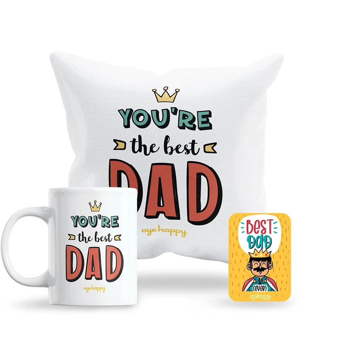 Oye Happy - Best Dad Gift Combo(Magnet, Mug and Cushion) - Best Gift for Father on Birthday/Father's Day