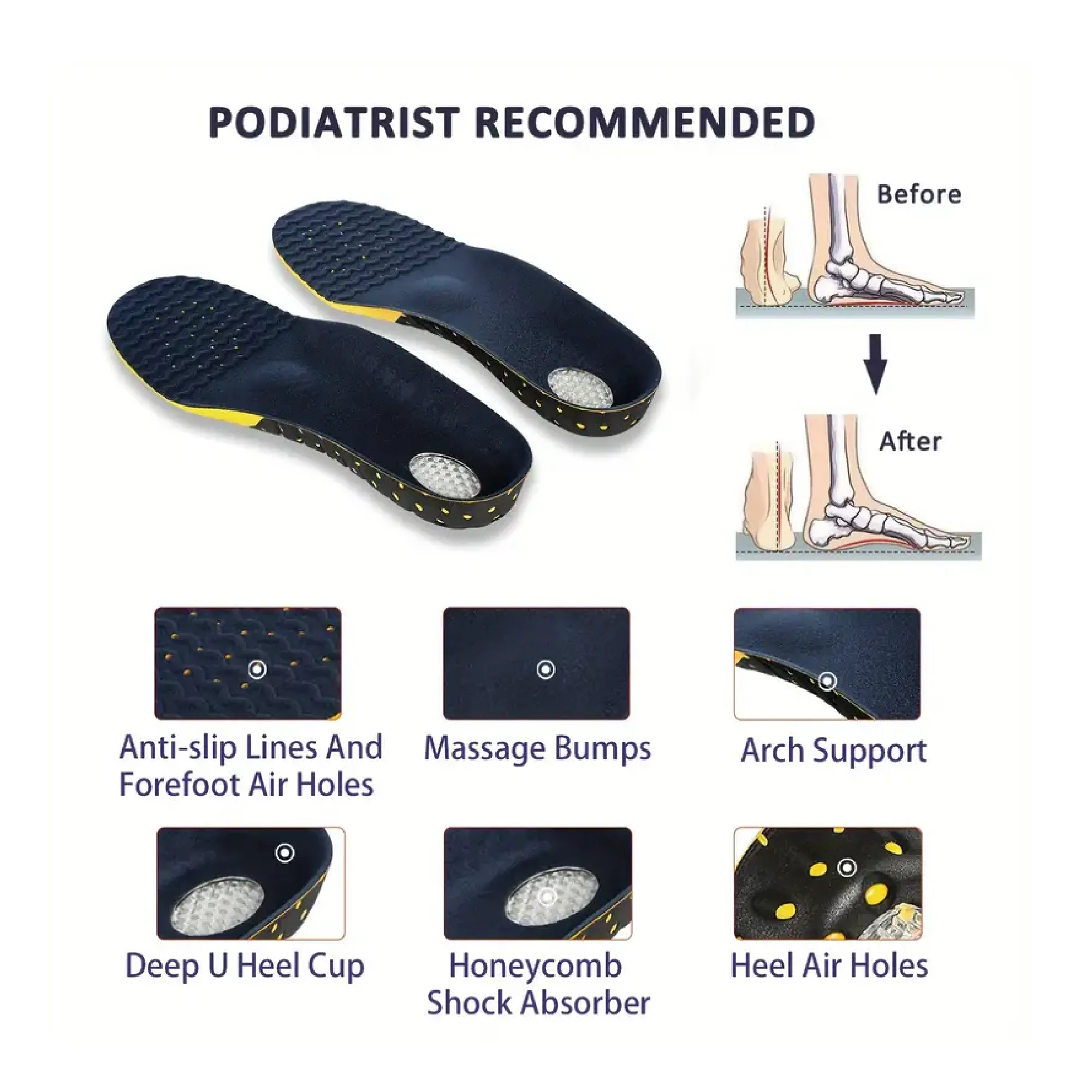 Plantar Fasciitis Insoles For Men And Women, Adaptable Hard Arch Support Shoe Inserts, 1 Pair Of Orthotic Shoe Insoles For Flat Foot Fatigue Relief, EVA Athletic Gel Insoles For Work Boots