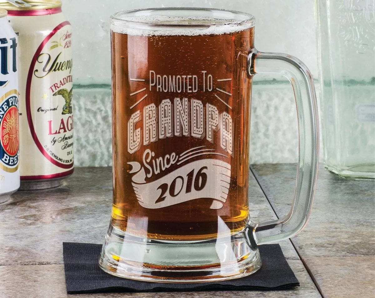 Promoted to Grandpa Since 2020 Retro Beer Mug 16 Oz  Engraved Glass New Grandfather Fathers Day Gift Idea Etched Amouncement Gift Papa Pops