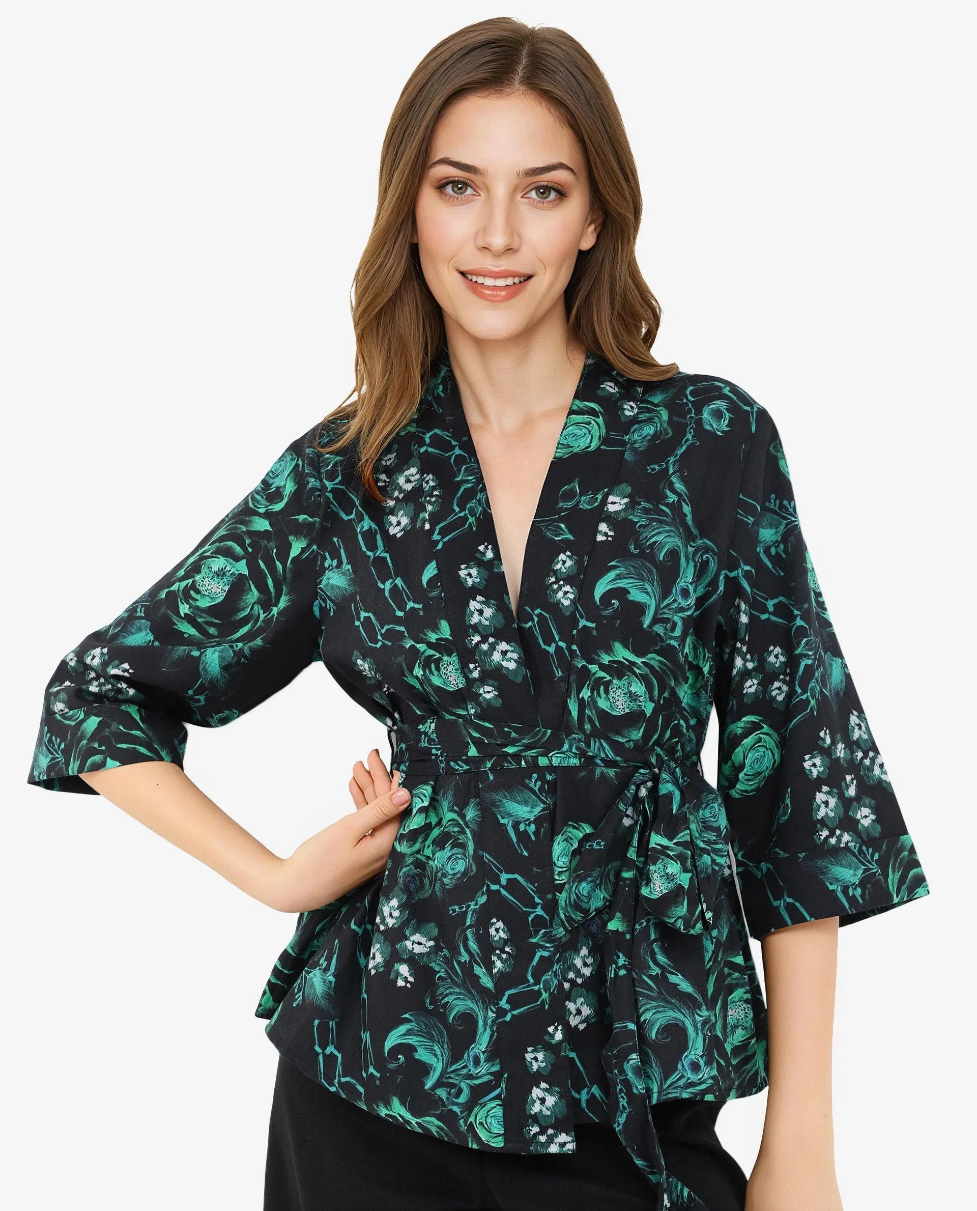 Rareism Women Gamo Black 3/4Th Sleeve Over Lap Neck Floral Print Top