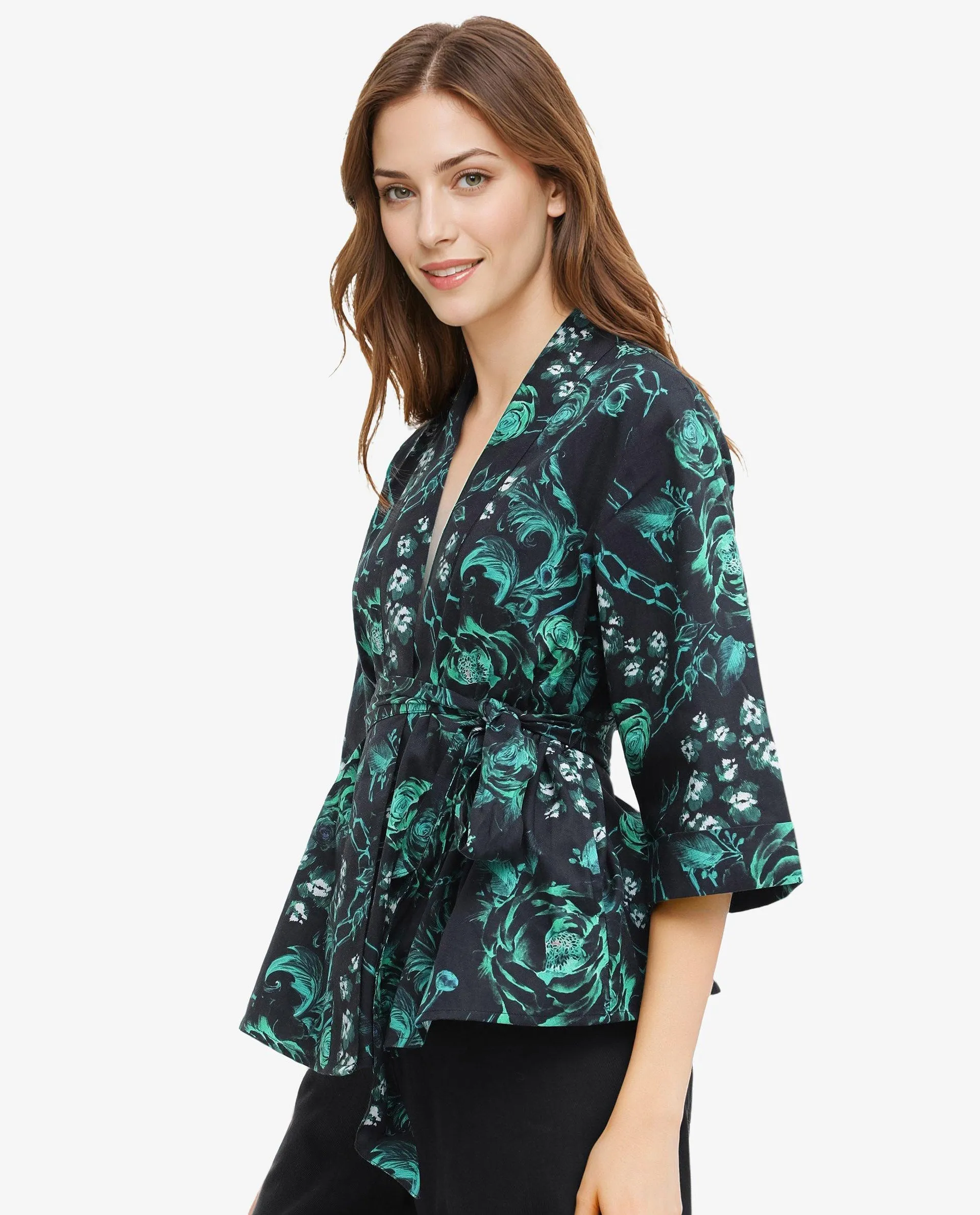 Rareism Women Gamo Black 3/4Th Sleeve Over Lap Neck Floral Print Top