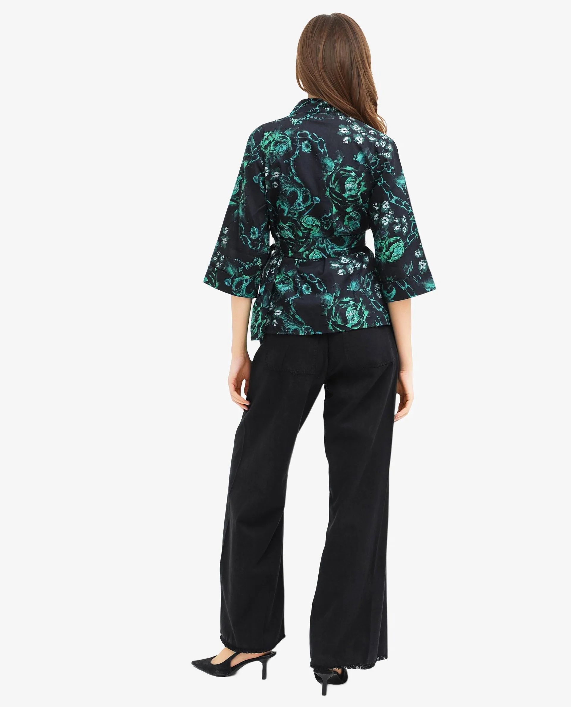 Rareism Women Gamo Black 3/4Th Sleeve Over Lap Neck Floral Print Top