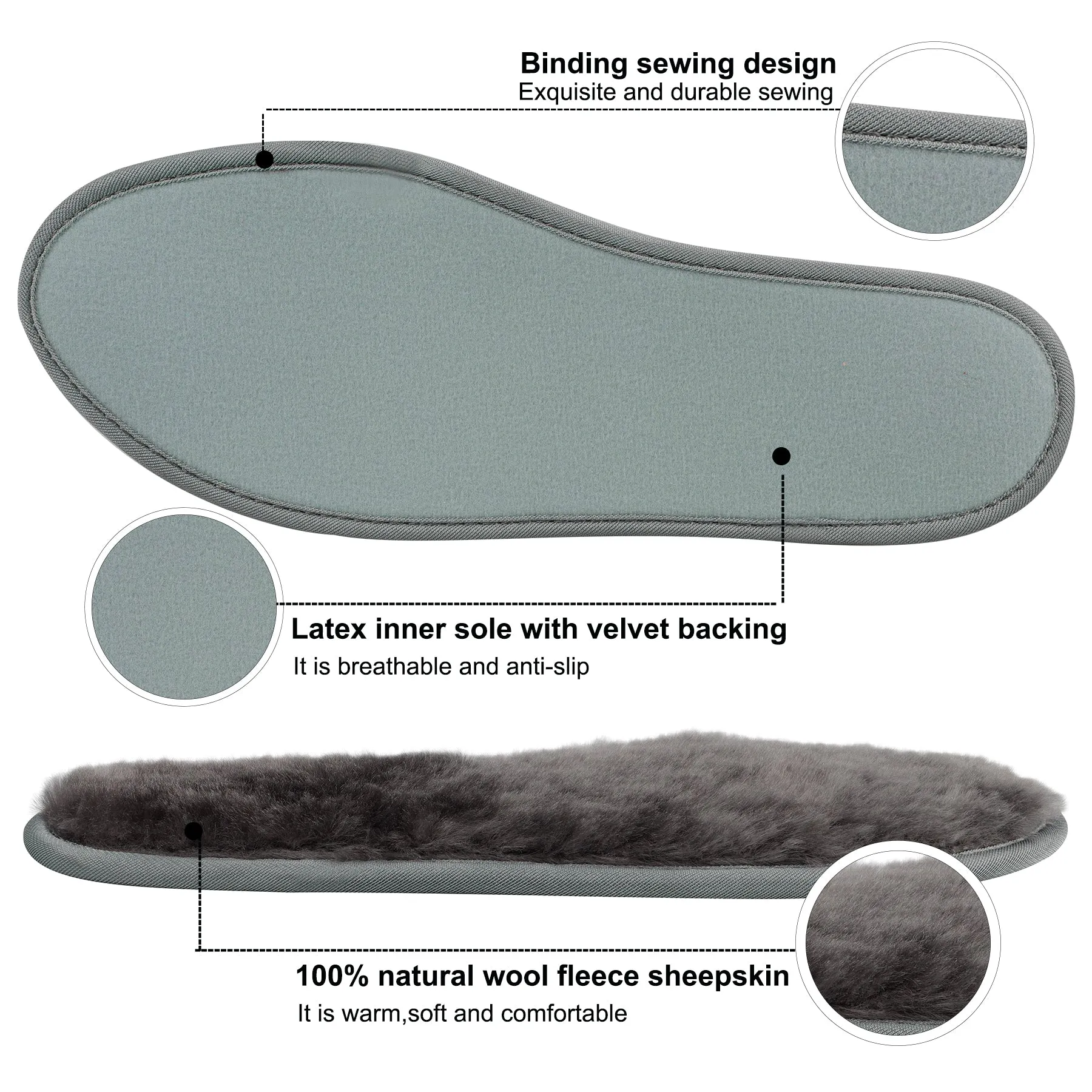 Riemot Sheepskin Insoles for Men Women and Kids, Grey Wide, Super Thick Premium Lambswool Insoles for Wellies Slippers Boots