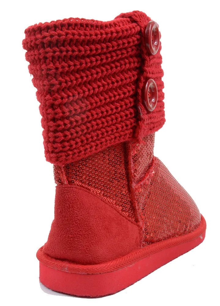 Sequin Crochet Slouchy Knit Sweater Button Flat Boot Red