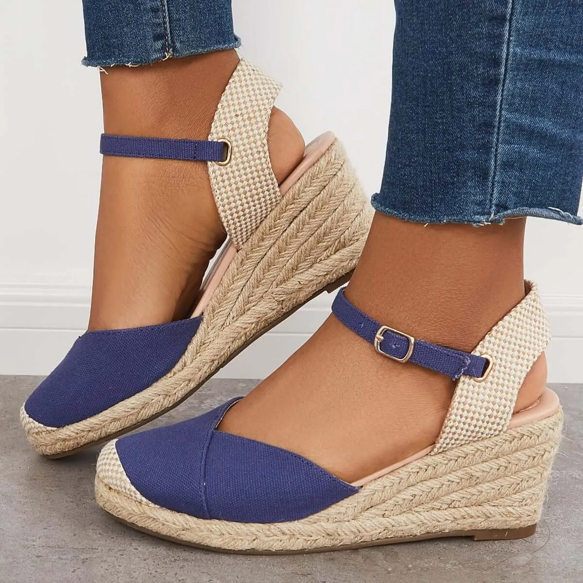 Sohiwoo Women Closed Toe Espadrilles Wedge Ankle Strap Sandals