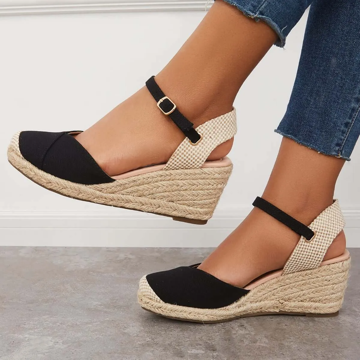 Sohiwoo Women Closed Toe Espadrilles Wedge Ankle Strap Sandals