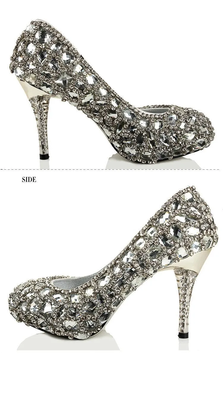 Sparkly Crystal High Heels Pointed Toe Rhinestone Wedding Bridal Shoes, S023