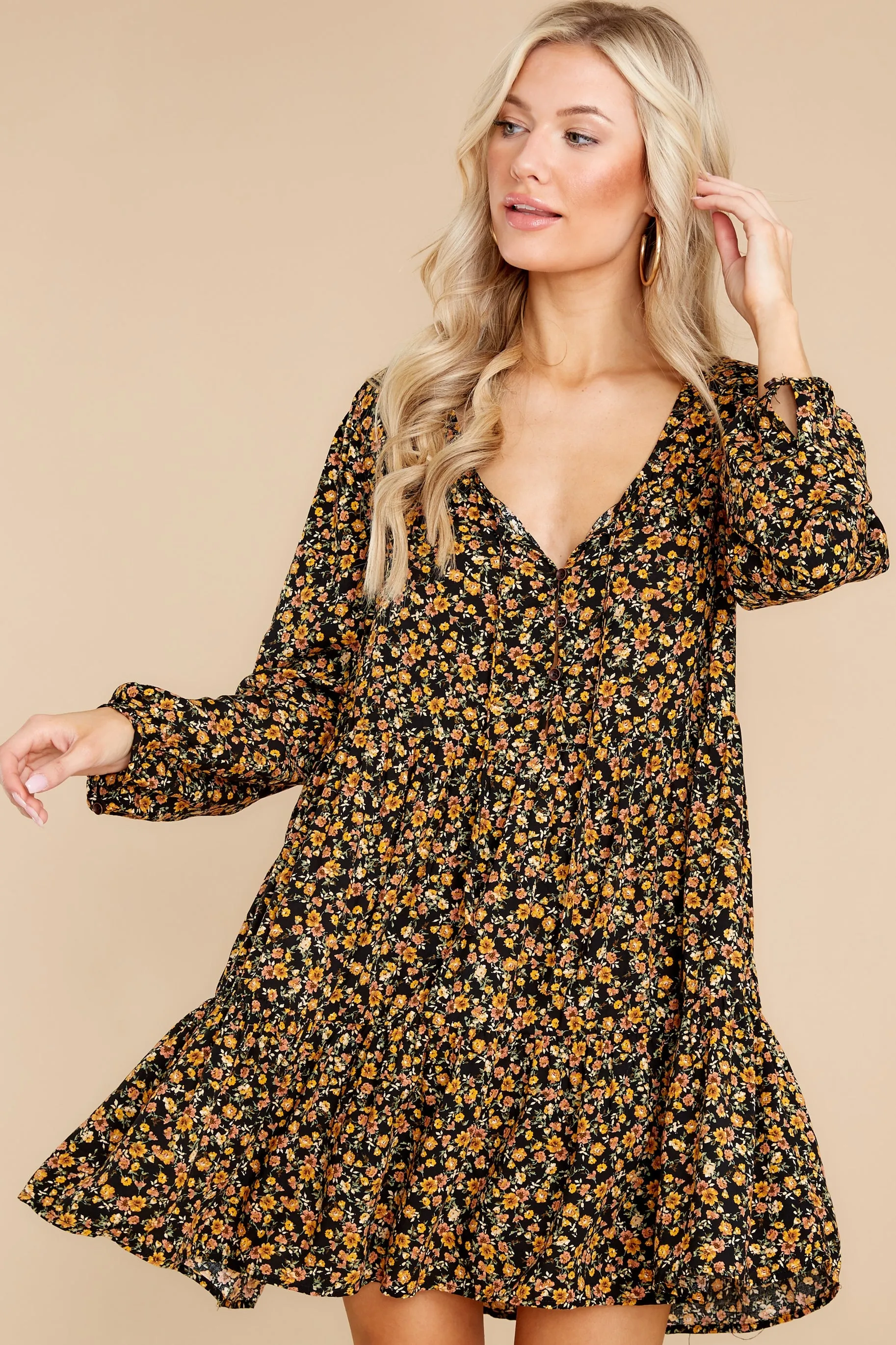 Streetside Sonnet Black And Yellow Floral Print Dress