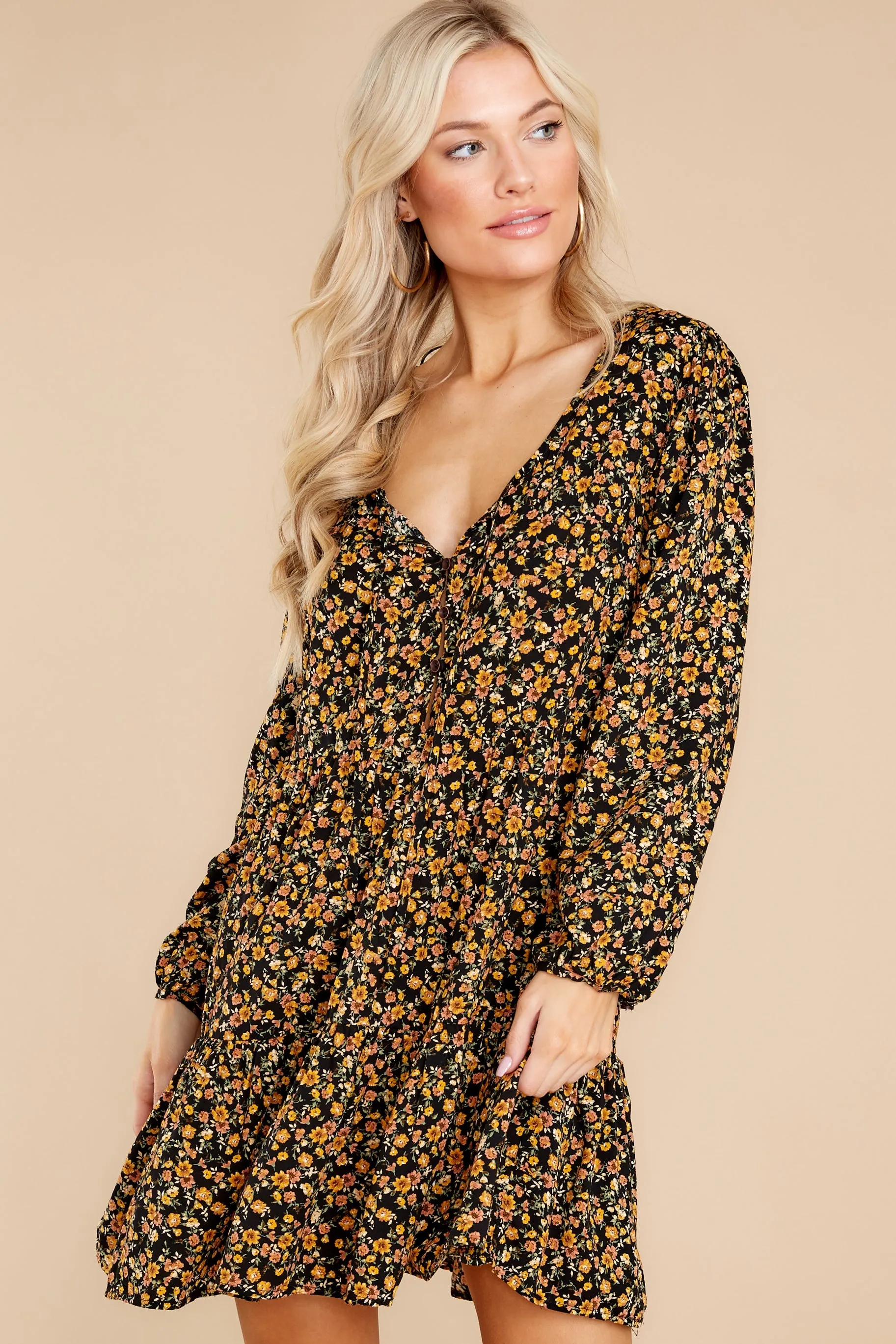 Streetside Sonnet Black And Yellow Floral Print Dress