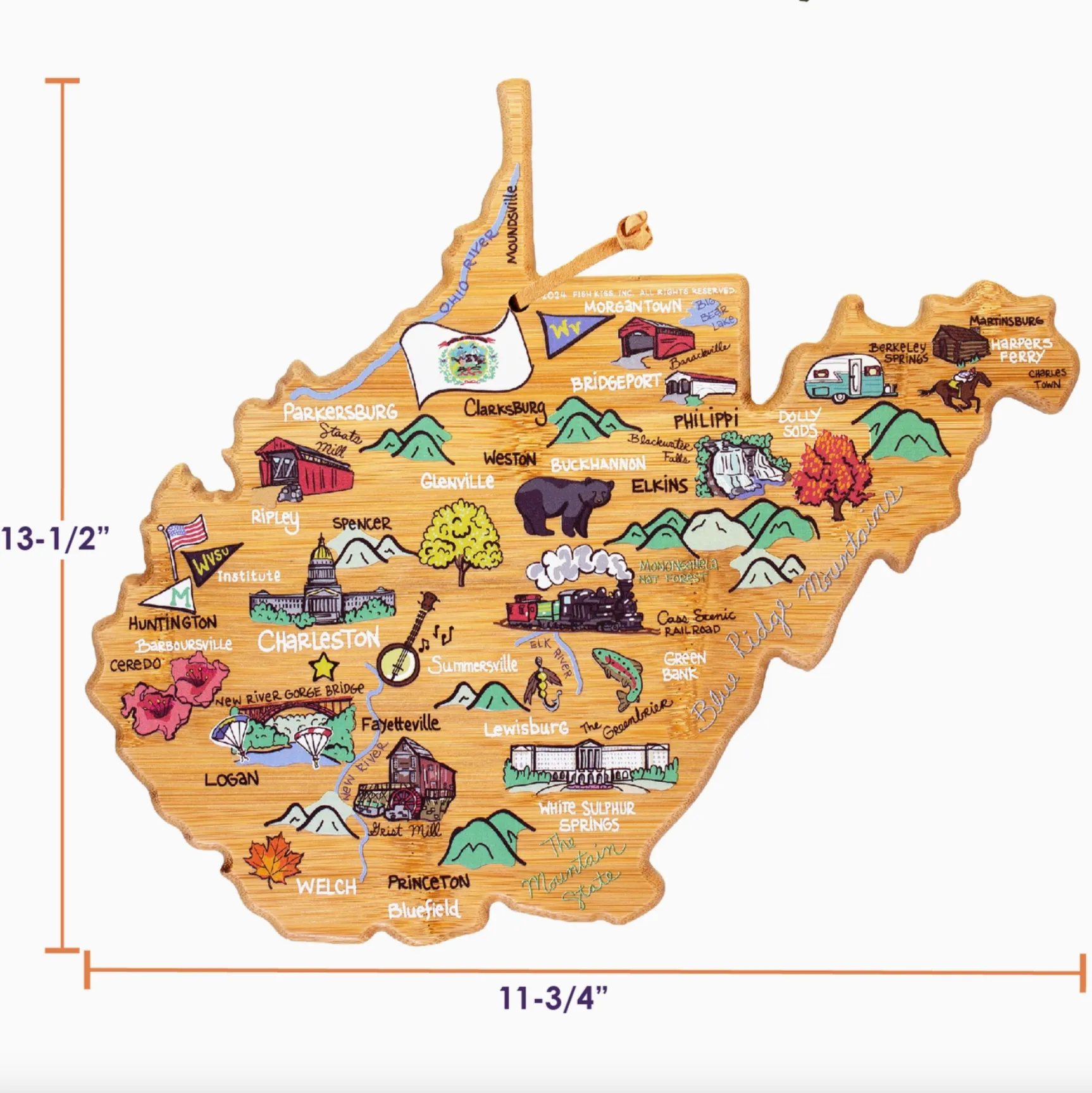 West Virginia Shaped Bamboo Cutting   Serving Board With Full Color Artwork