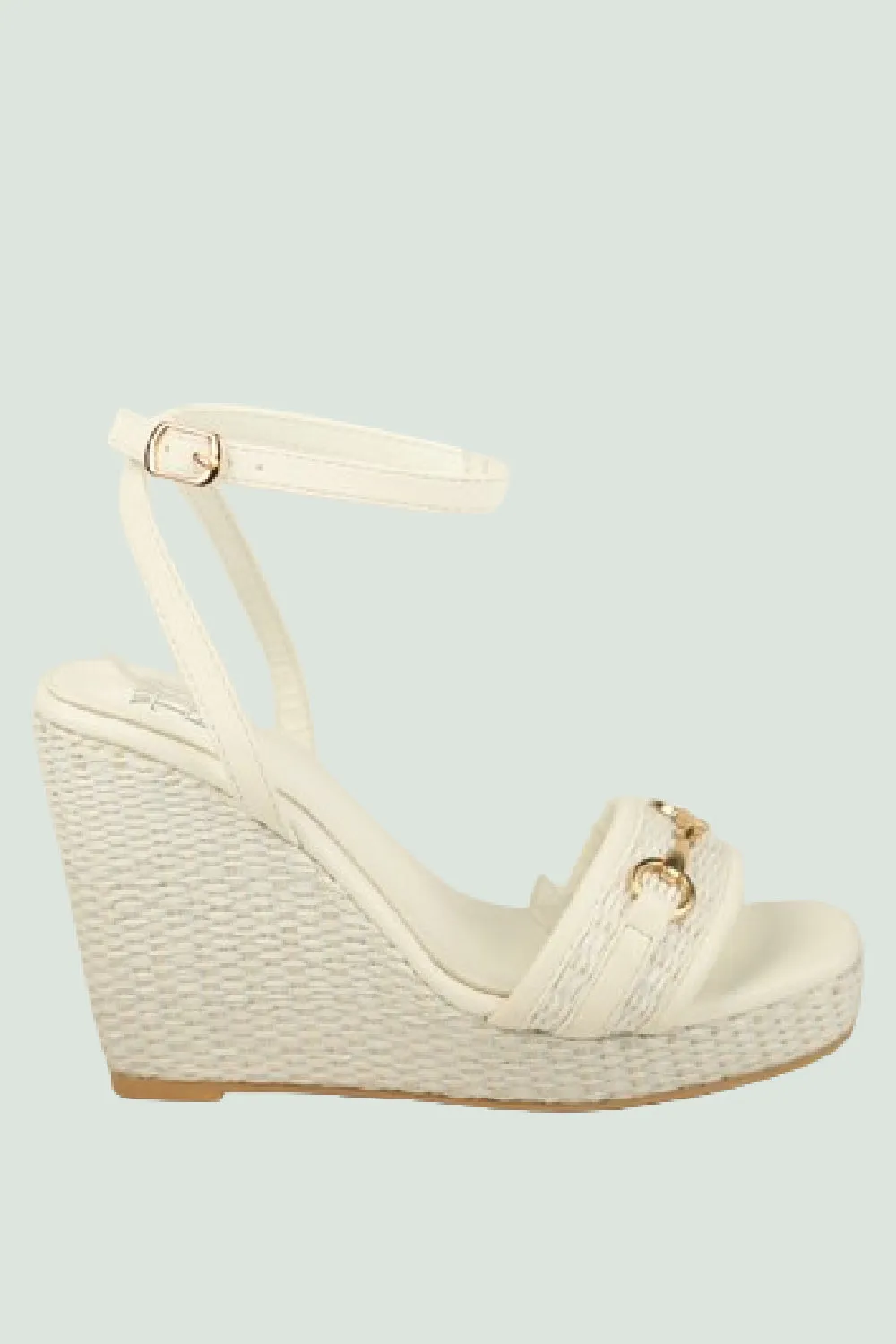 WHITE BASKET WEAVE WEDGE SANDALS WITH TRIM BUCKLE DETAIL