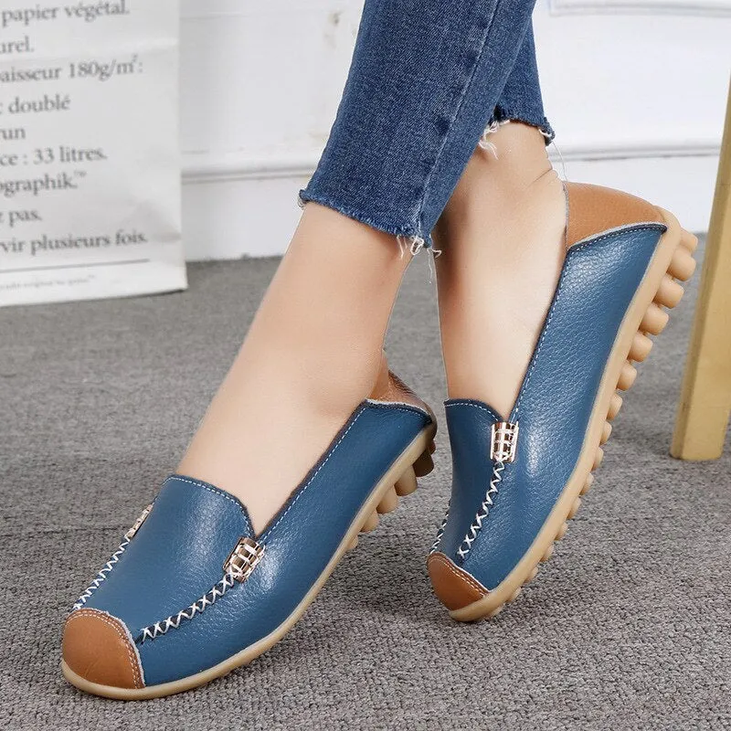 Women Retro Casual Flat Shoes Stitching color Slip On Loafers for Nurse Sewing Flats Genuine Leather Shoes Mocassin Femme