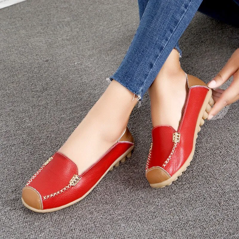 Women Retro Casual Flat Shoes Stitching color Slip On Loafers for Nurse Sewing Flats Genuine Leather Shoes Mocassin Femme