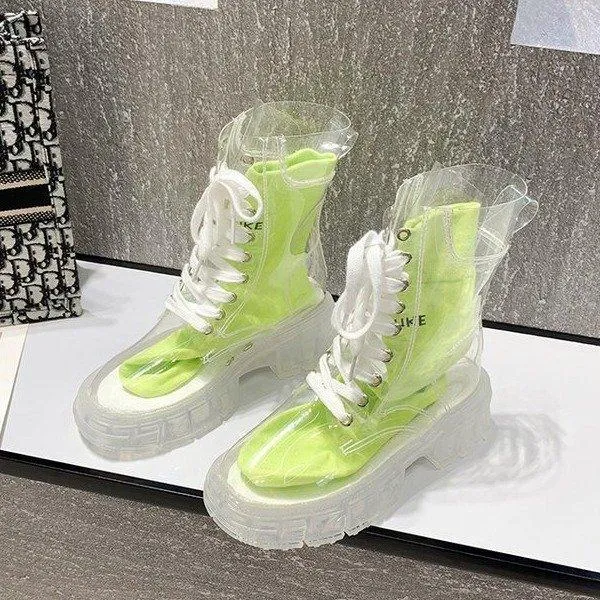 Women sock slip on lace up clear short platform boots