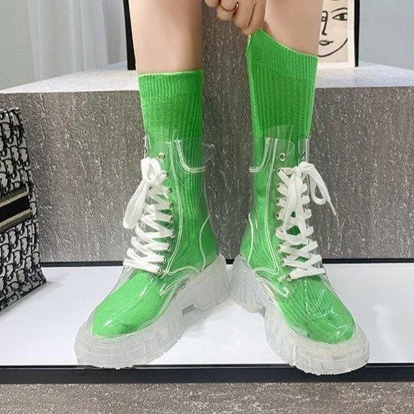 Women sock slip on lace up clear short platform boots