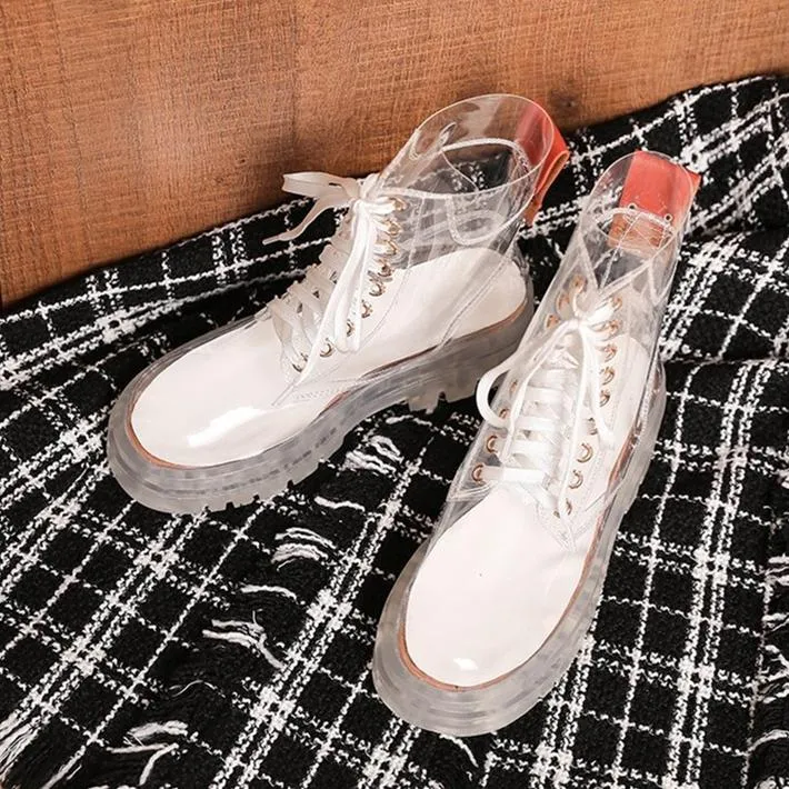 Women sock slip on lace up clear short platform boots