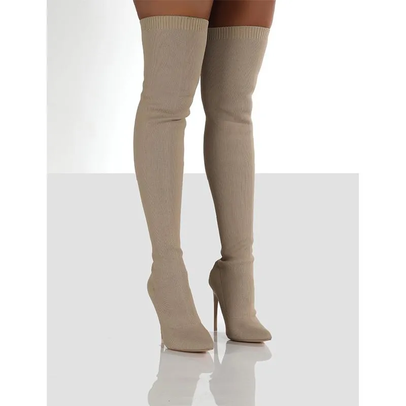 Women stiletto high heel pointed toe knit slip on over the knee boots